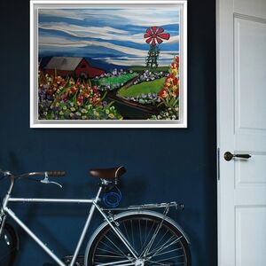 Colorful Landscape Painting with Red Barn